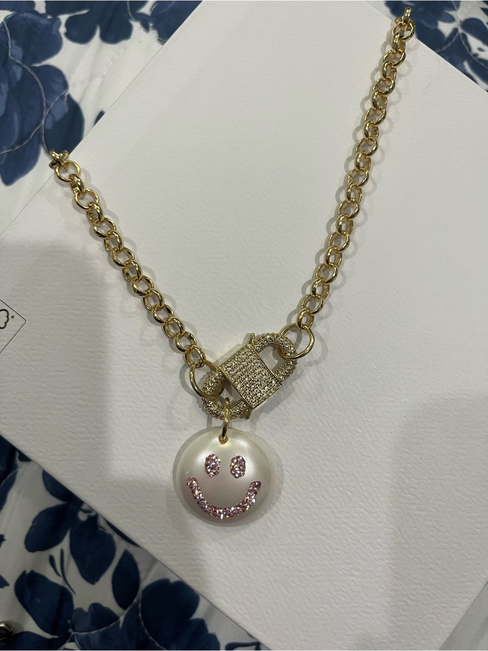 Gold Chain Necklace with Pearl Smile Pendant - Pink Crystal Accents